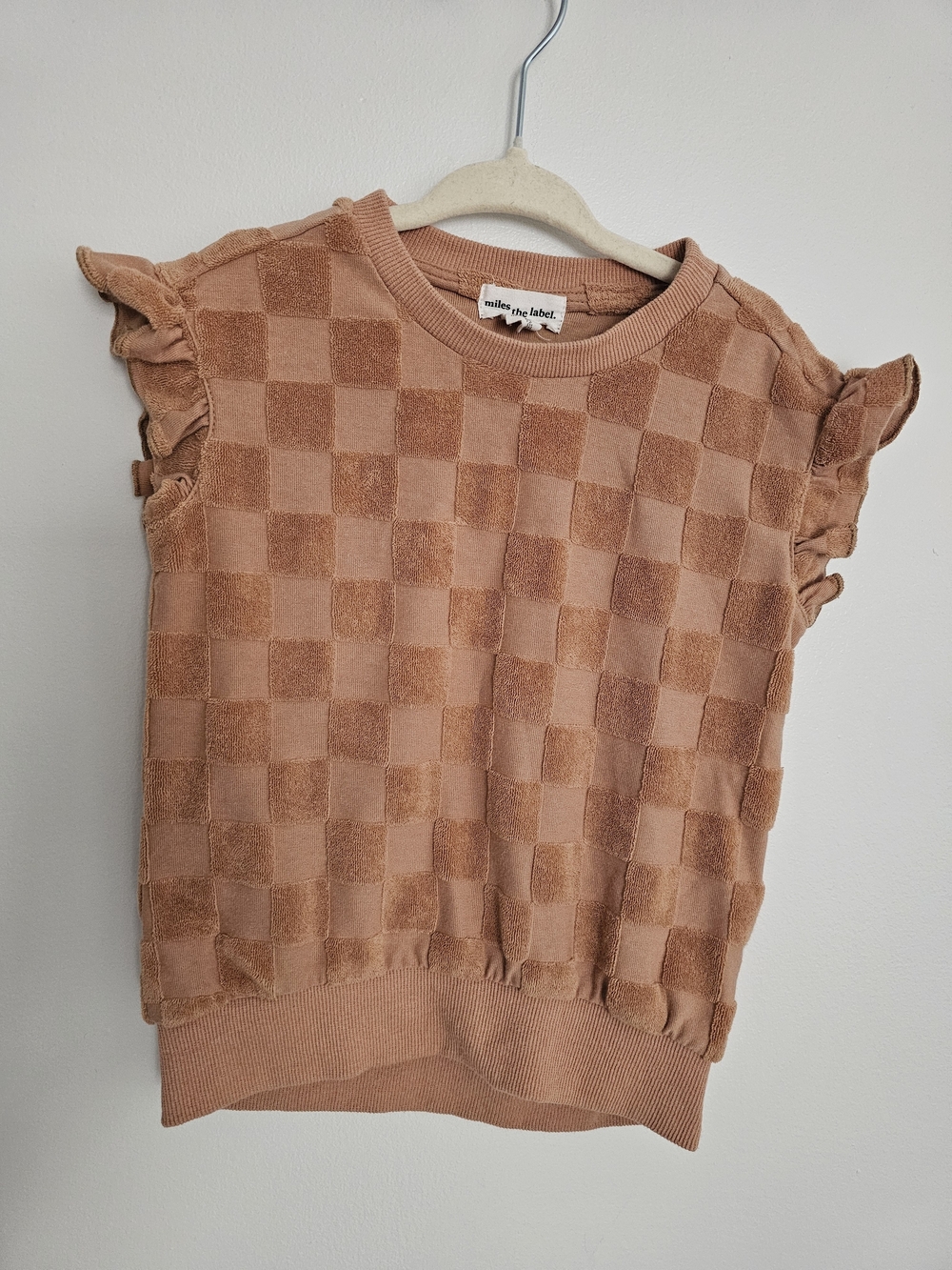 🧸2/20$ Miles The Label 2T Girl Tan Checker Ruffle Sleeve Top